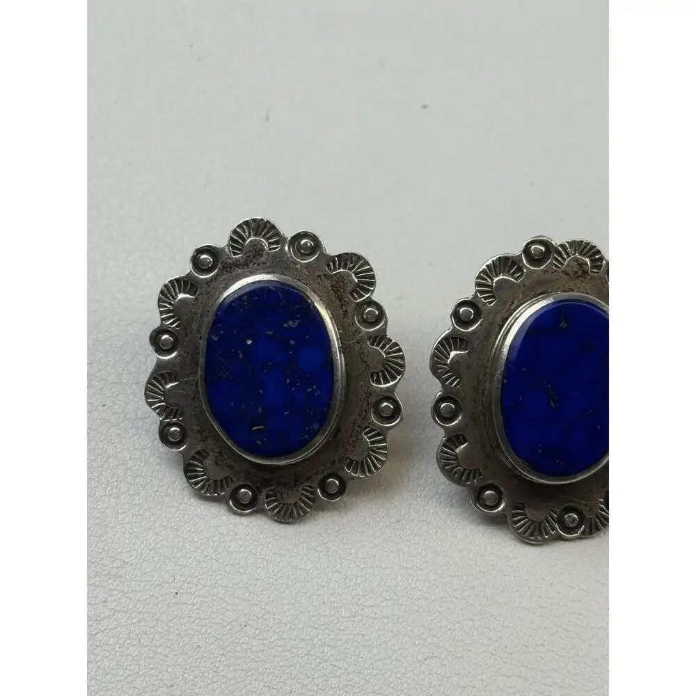 SAUL TM-142 Sterling Silver Pierced Earrings Mexico Vintage Lapis (posts not ss)